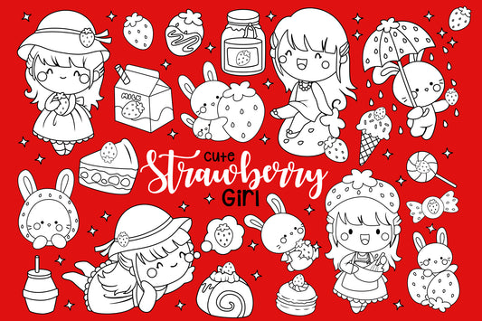 Strawberry Girl Clipart - Kids and Food Clip Art Coloring