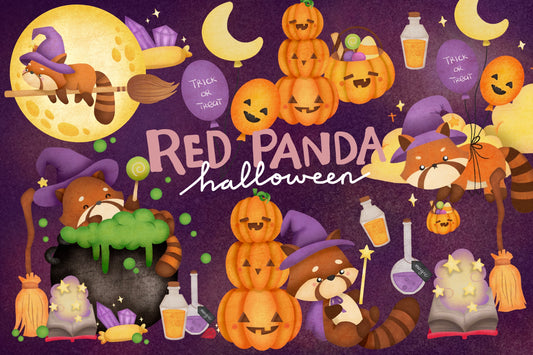 Watercolor Red Panda Witch Clipart - Cute Halloween Clip Art