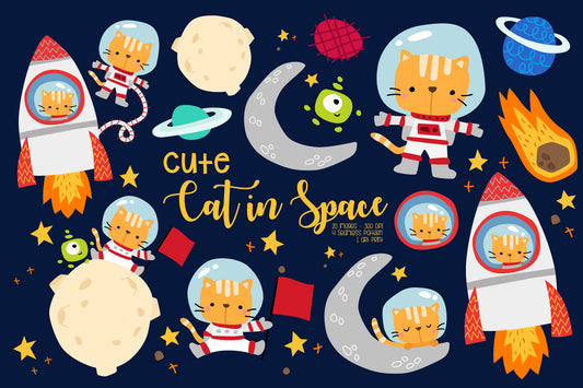 Cat in Space Digital Art - Cute Clipart