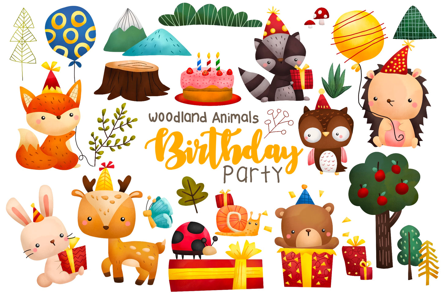 Watercolor Woodland Animal Birthday Clipart