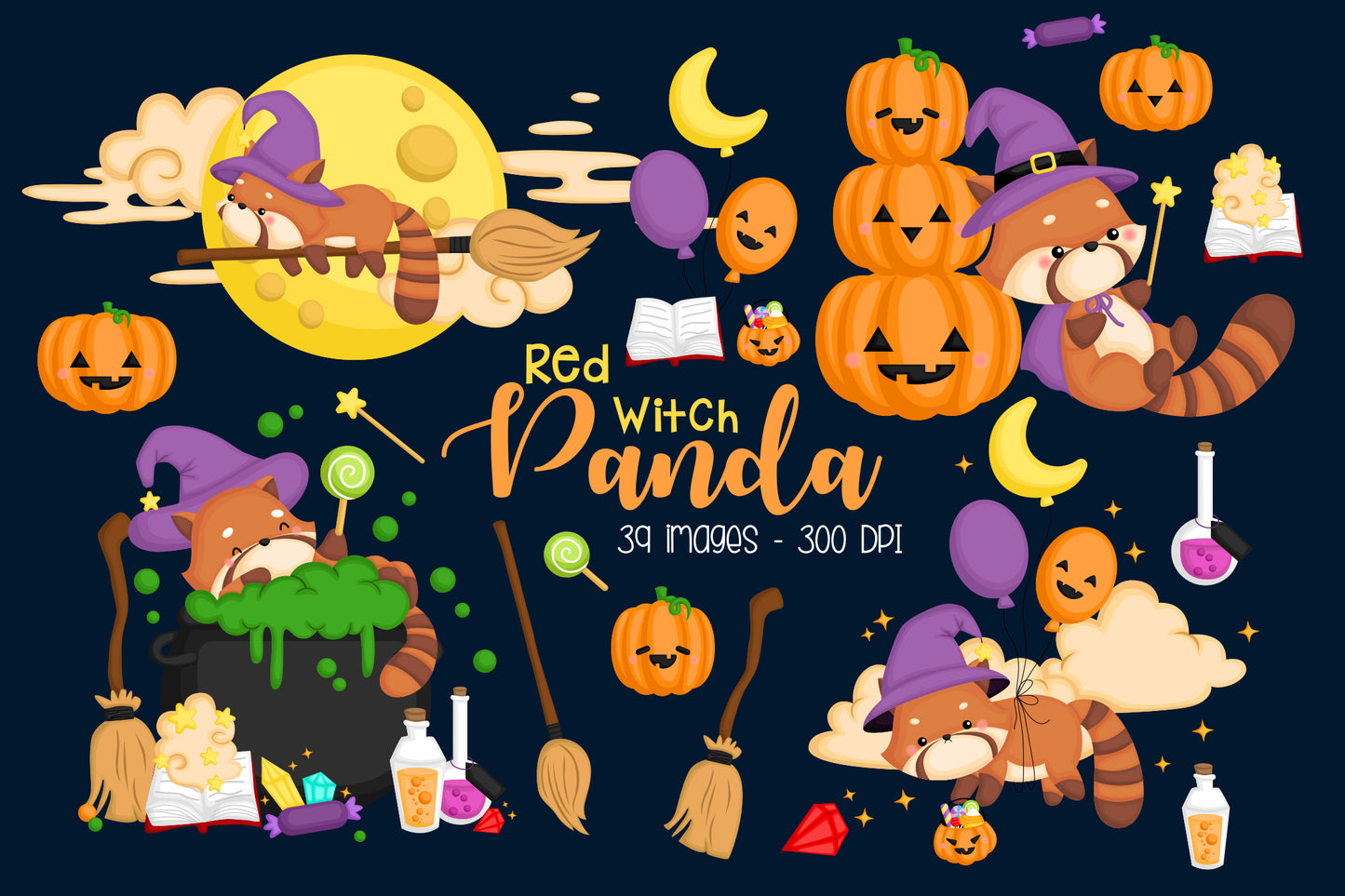 Red Panda Witch Clipart - Cute Halloween Clip Art