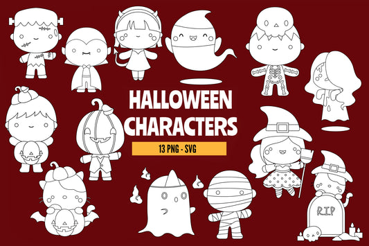 Doodle Halloween Character Clipart - Cute Halloween Coloring