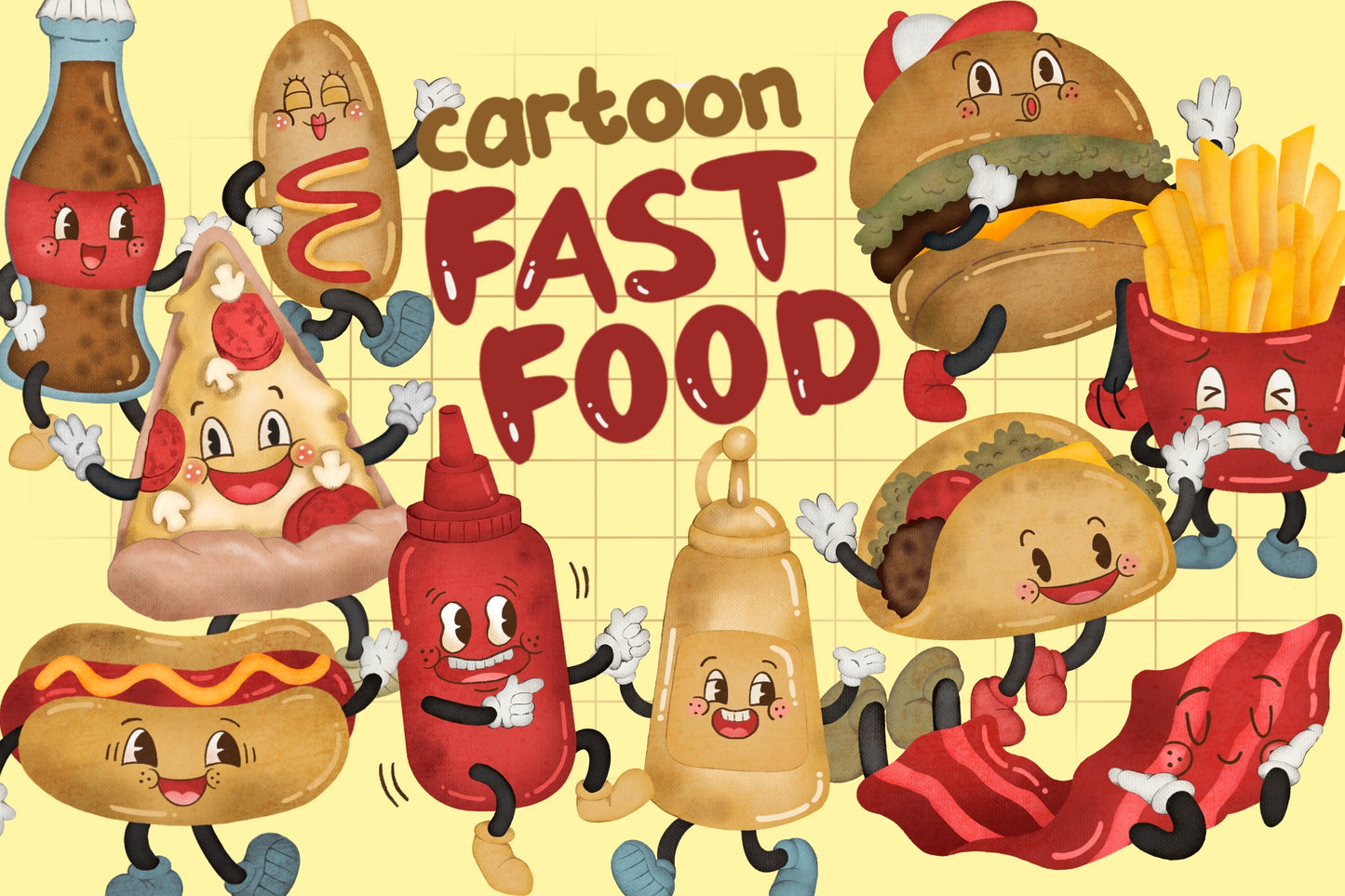 Watercolour Cartoon Fast Food Clipart - Junk Food Restaurant