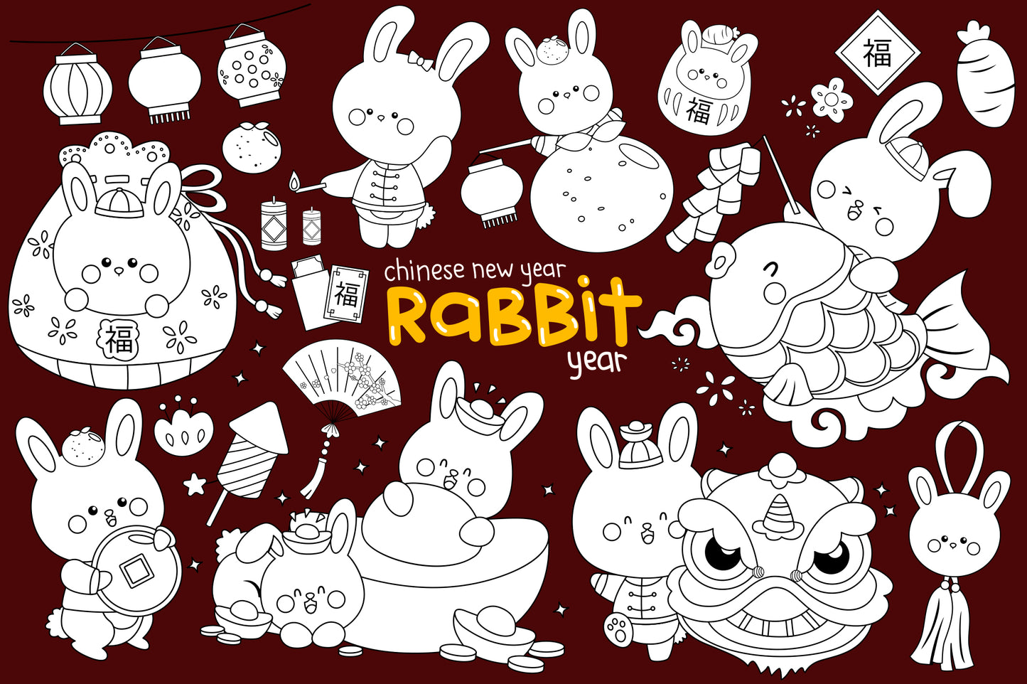 Year of the Rabbit Clipart - Chinese New Year Coloring