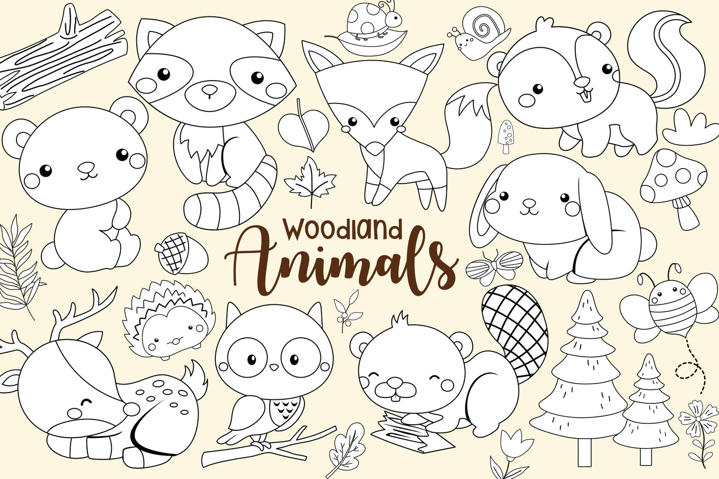 Woodland Animals Clipart - Cute Forest Animals Coloring