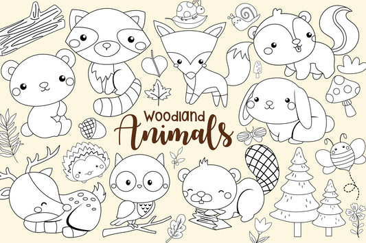 Woodland Animals Clipart - Cute Forest Animals Coloring