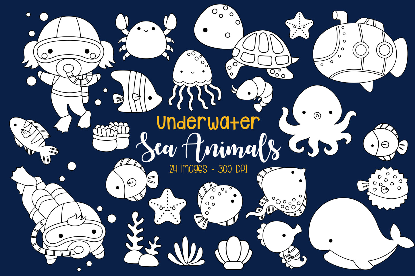 Doodle Sea Animals Clipart - Cute Animals Clip Art Colouring