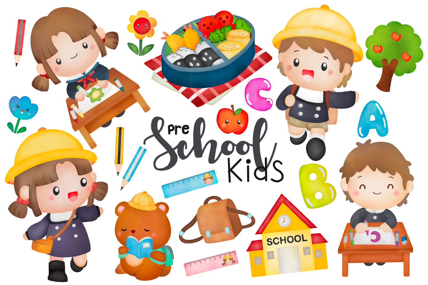 Watercolour Preschool Kids Clipart - Learning and Study Clip Art