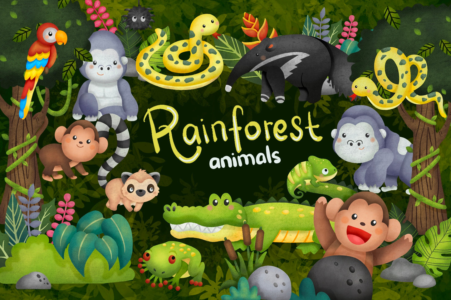 Watercolor Rainforest Jungle Clipart - Cute Animal Clip Art