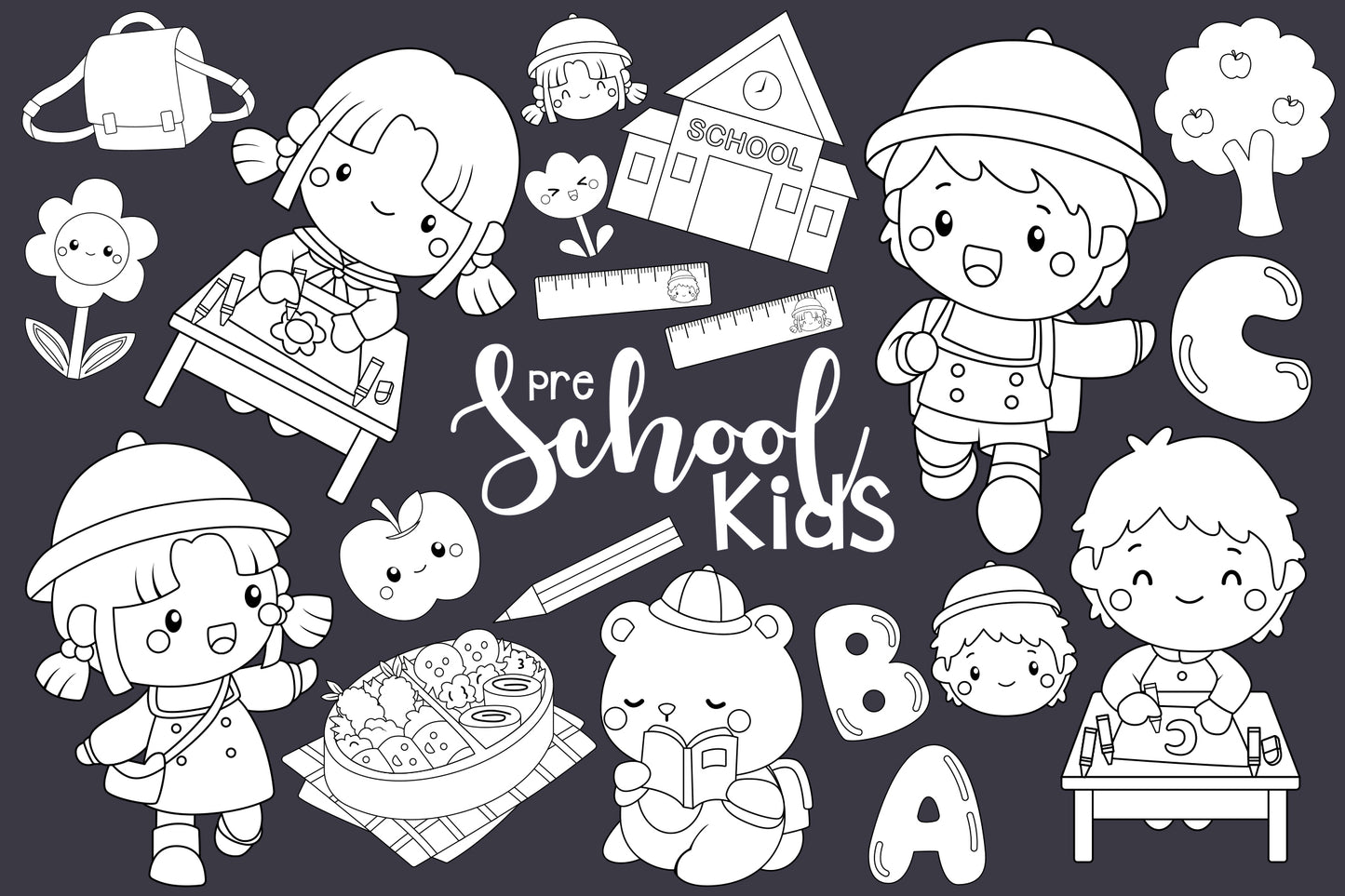 Preschool Kids Clipart - Learning and Study Coloring
