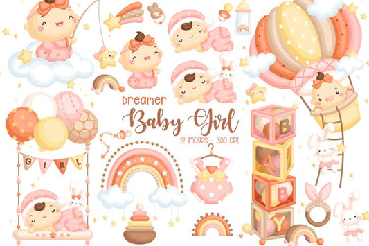 Baby Girl Clipart - Cute Dreamer Baby Girl Clip Art