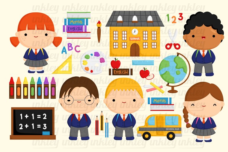Doodle Cute School Kids and Items Clipart