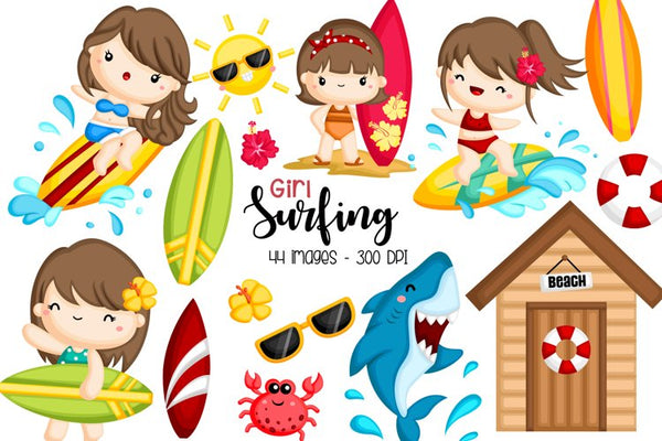 Surfer Girl Clipart - Water Sport Clip Art – inkleystudio