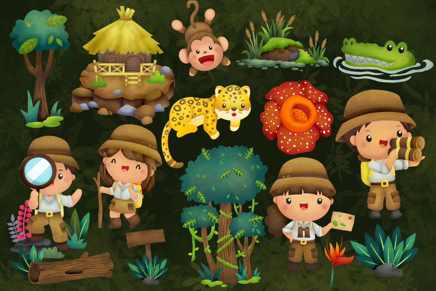 Watercolor Rainforest Jungle Explorer Clipart