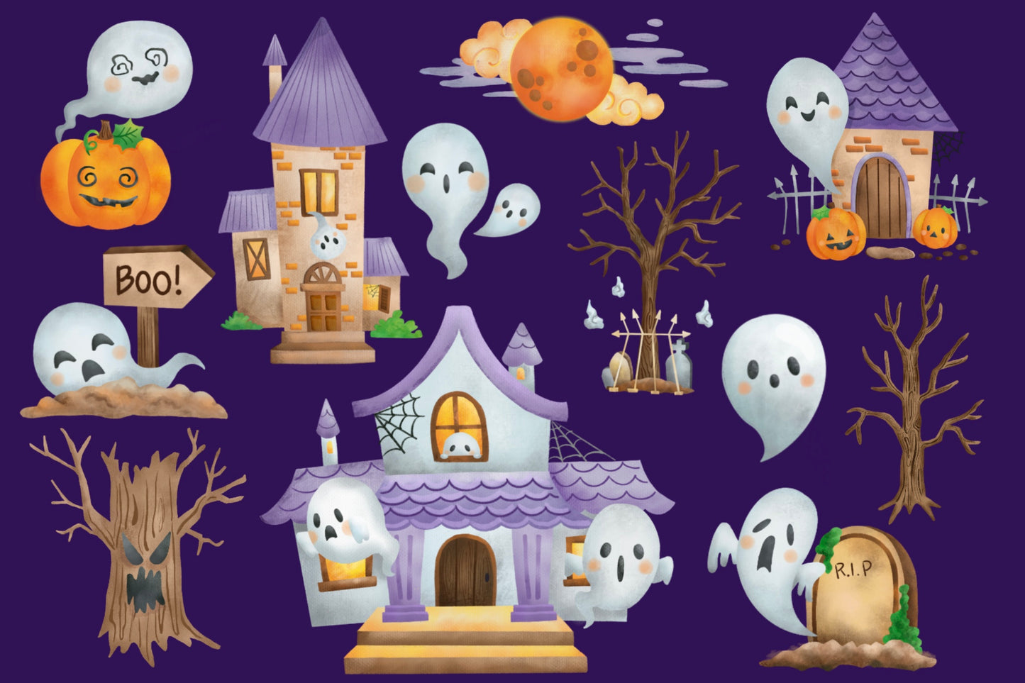 Watercolor Haunted House Clipart - Cute Halloween Clip Art