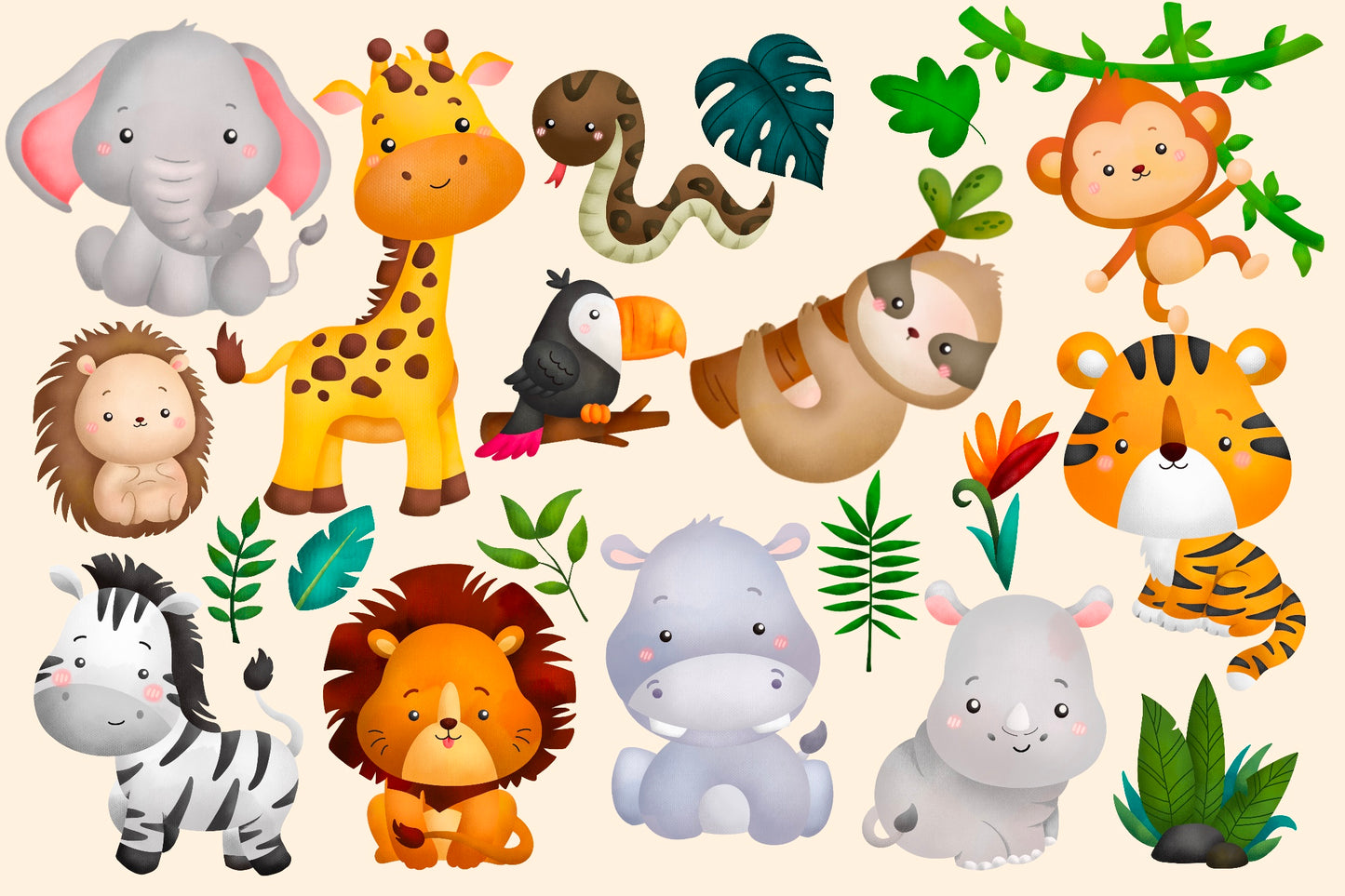 Watercolour Jungle Animal Clipart - Cute Animal Safari