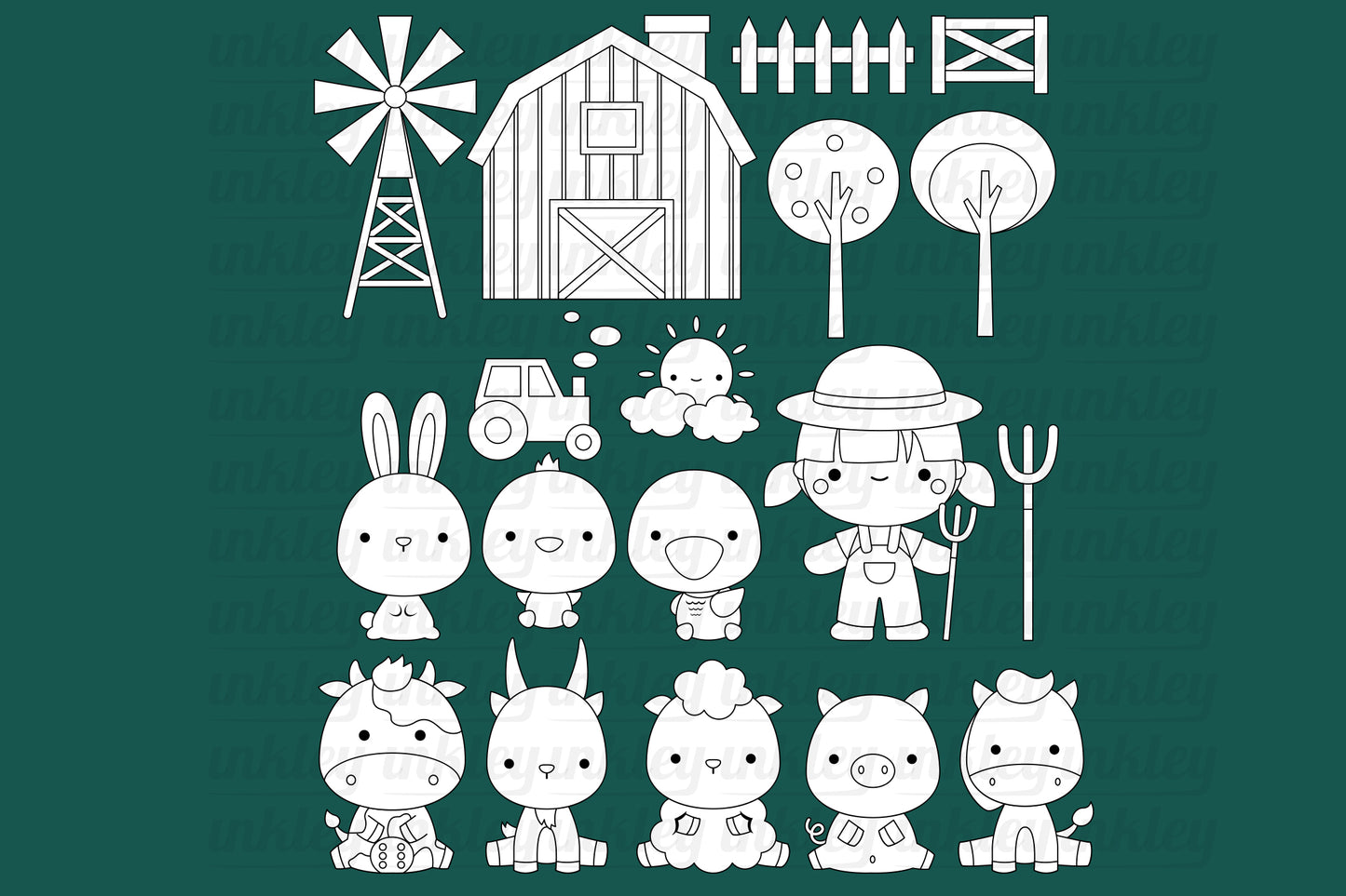 Doodle Cute Farm Animals Clipart - Cute Animal Coloring