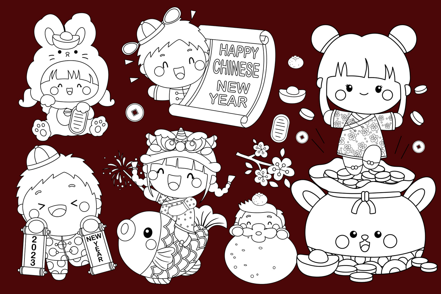 Year of the Rabbit Kids Clipart - Chinese New Year Coloring