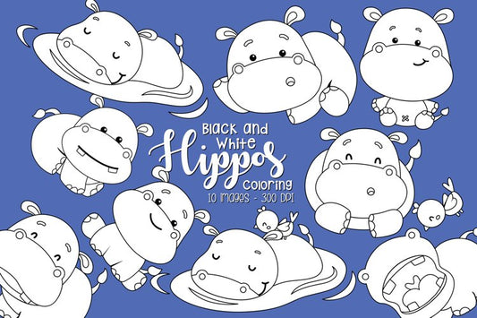 Black and White Coloring Hippos