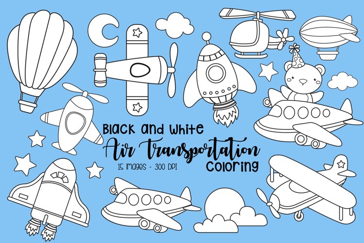 Black and White Coloring Air Transportation Clipart
