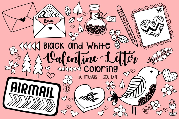 Black and White Coloring Valentine Letters