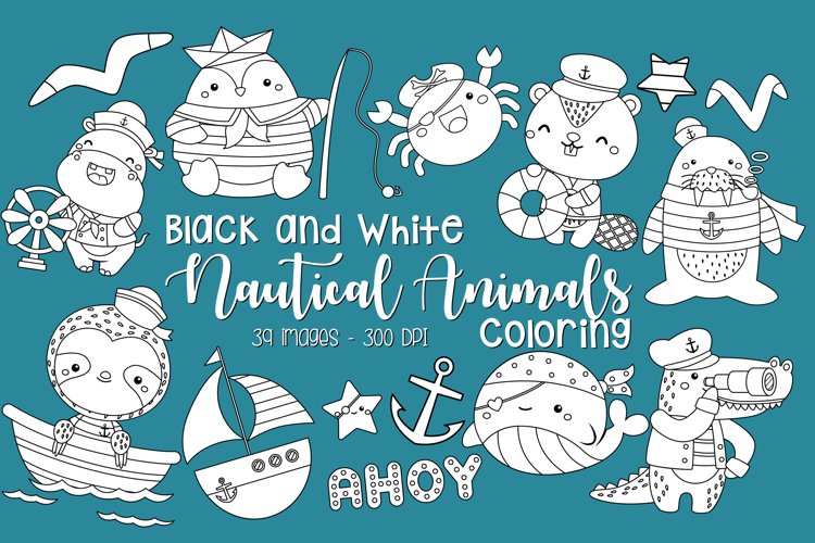 Black and White Coloring Nautical Animals