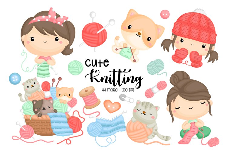 Knitting Clipart - Working Clipart - Cute Cat Clipart