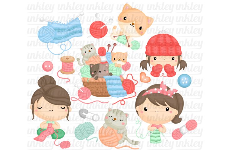 Knitting Clipart - Working Clipart - Cute Cat Clipart
