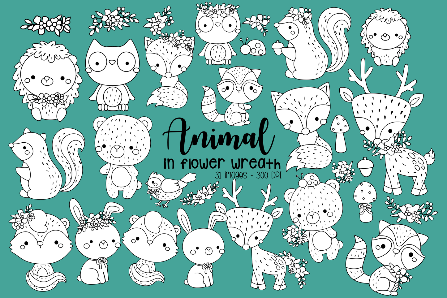 Animal in Flower Wreath Clipart - Cute Animal Coloring