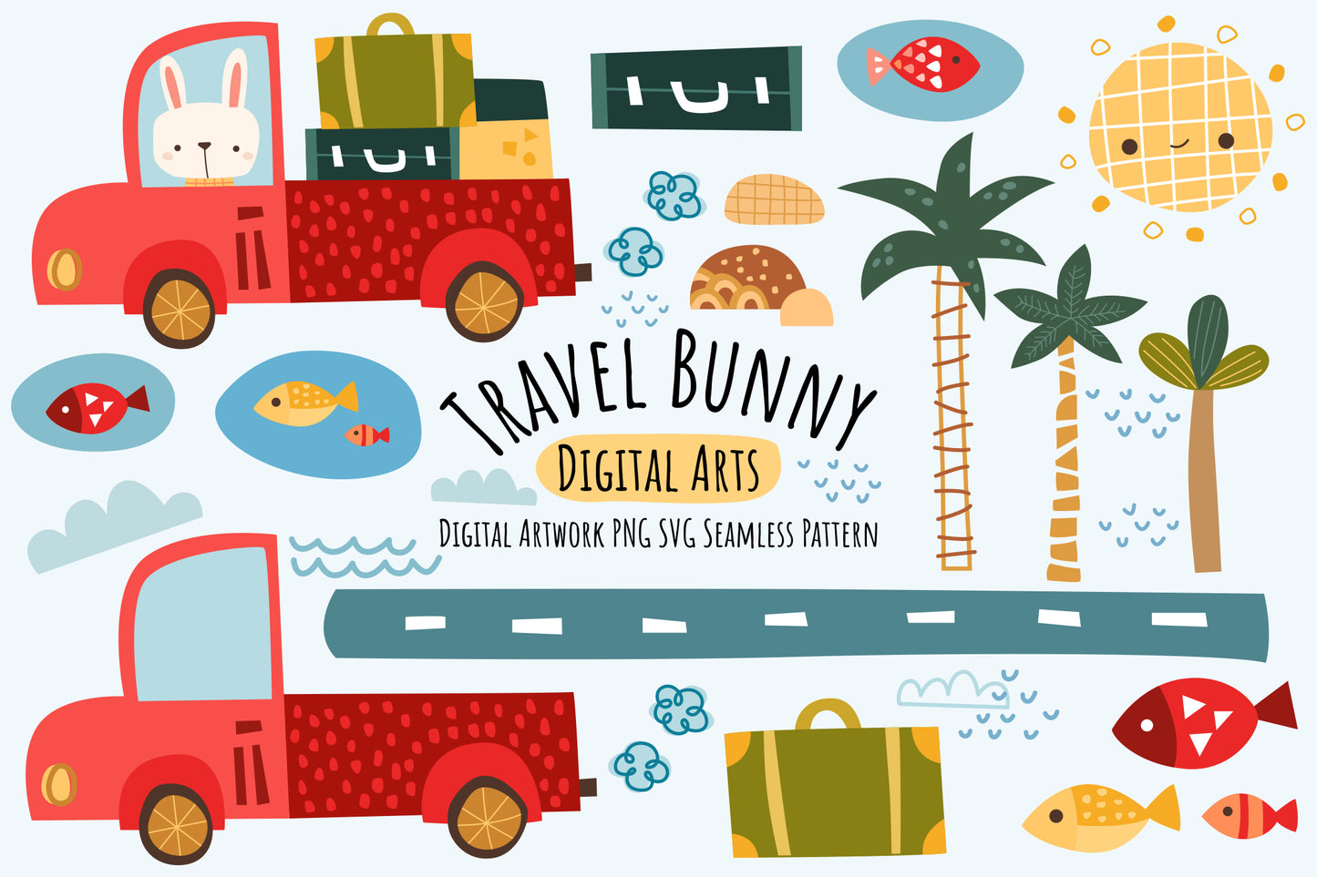 Tropical Travel Bunny Digital Art - Cute Clipart