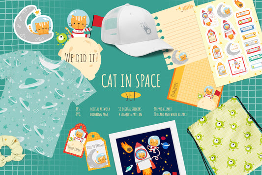 Cat in Space Clipart Design Bundle