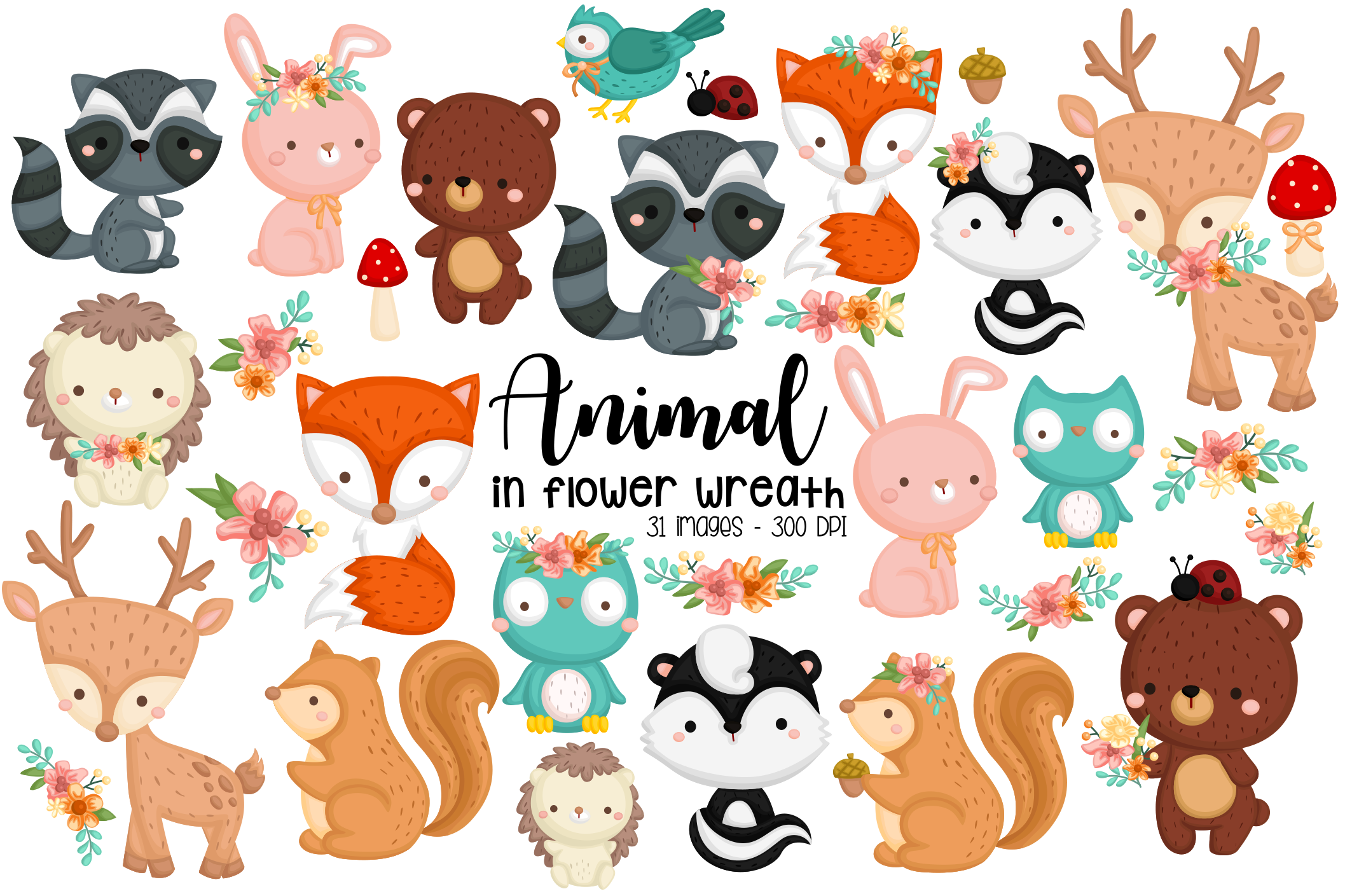 Animal in Flower Wreath Clipart - Cute Animal Clip Art – inkleystudio