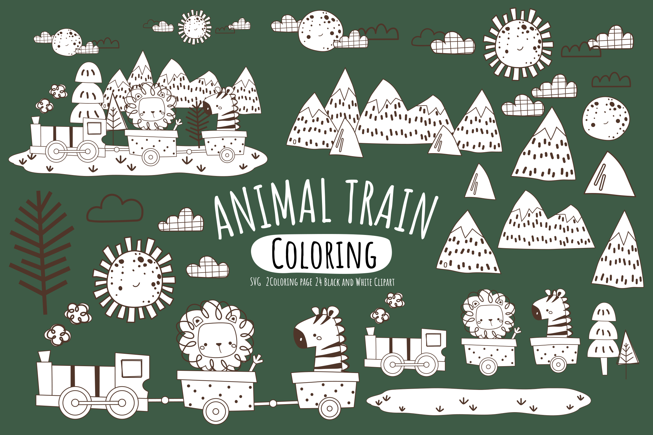 Animal Train Coloring Digital Art - Cute Clipart – inkleystudio