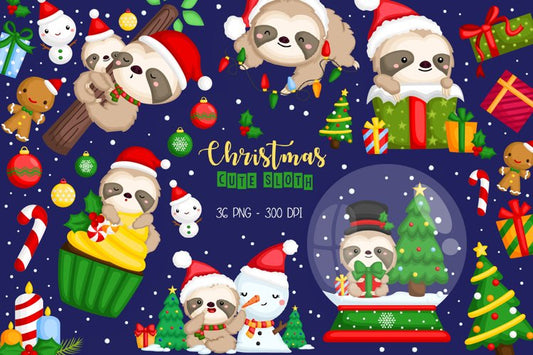 Christmas Sloth Clipart - Christmas Animal Clipart