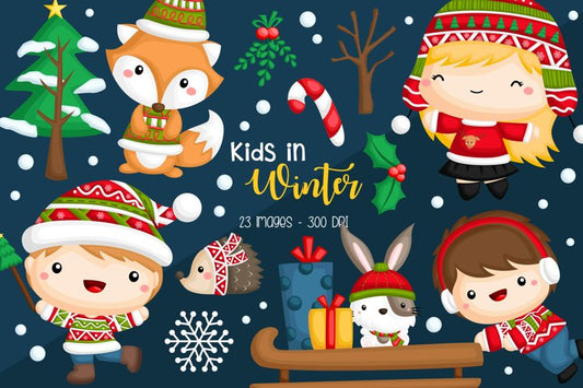 Cute Christmas Clipart - Kids in Winter Clip Art
