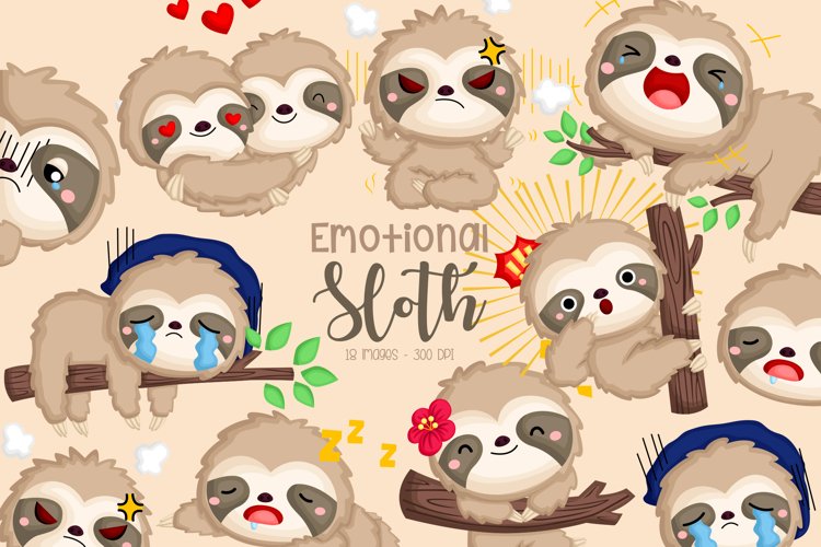 Emotional Cute Sloth Clipart - Sloth on a Tree Clipart